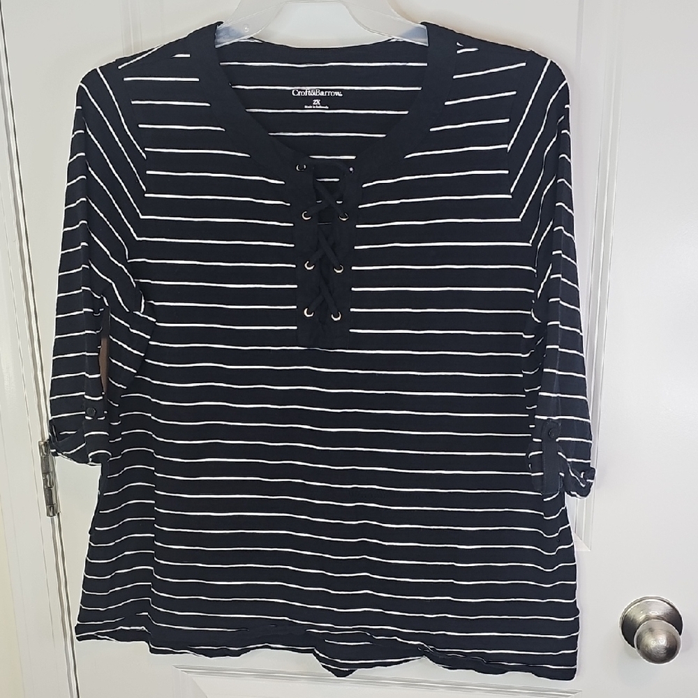 Croft & Barrow Navy and White Striped Blouse 3/4 Sleeve Size‎ 2X